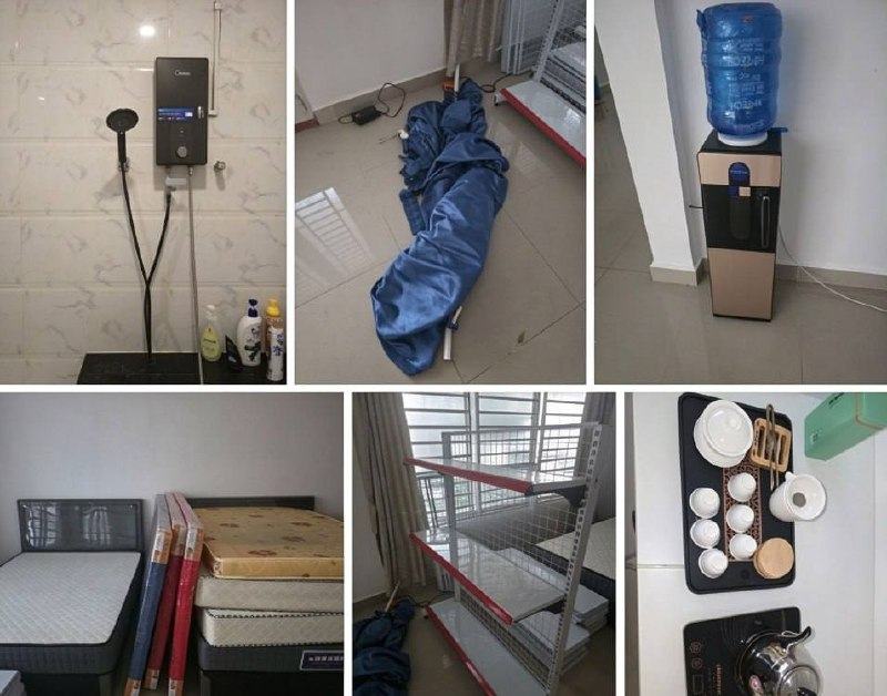 出售物品:美的热水器 + 2米大窗帘 + 饮水机 + 1.5米床 + 超市货架 + 品茶工具一套…